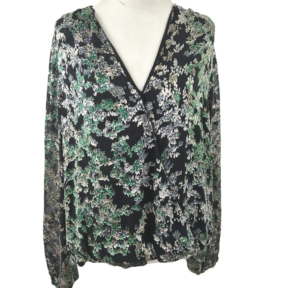 WHBM Burnout Floral Silk Blouse Large Sheer Sleeve Surplice V Neck Boho Top